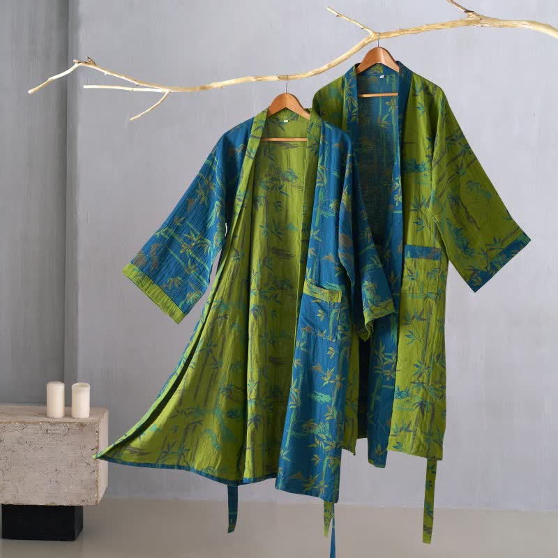 Peignoir kimono bicolore en gaze de coton bambou - image 1
