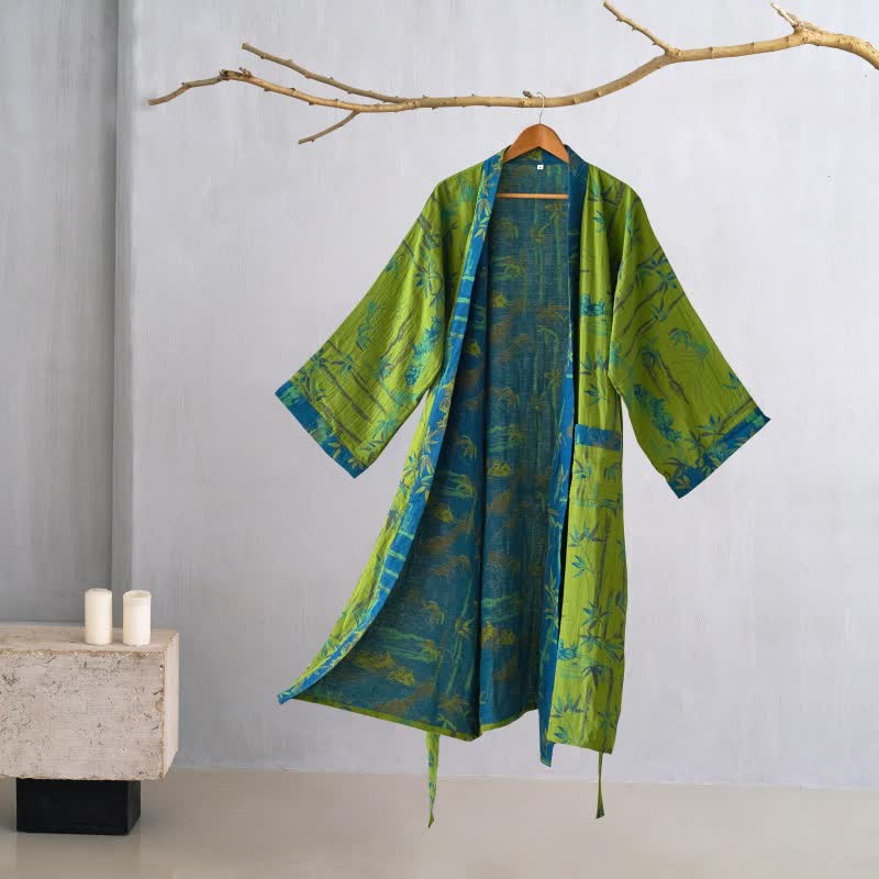 Peignoir kimono bicolore en gaze de coton bambou - Vert - 2XL - image 0