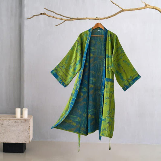 Peignoir kimono bicolore en gaze de coton bambou - Vert - 2XL - image 0