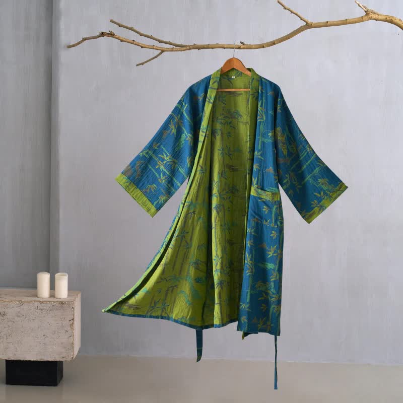 Peignoir kimono bicolore en gaze de coton bambou - Bleu - 2XL - image 14