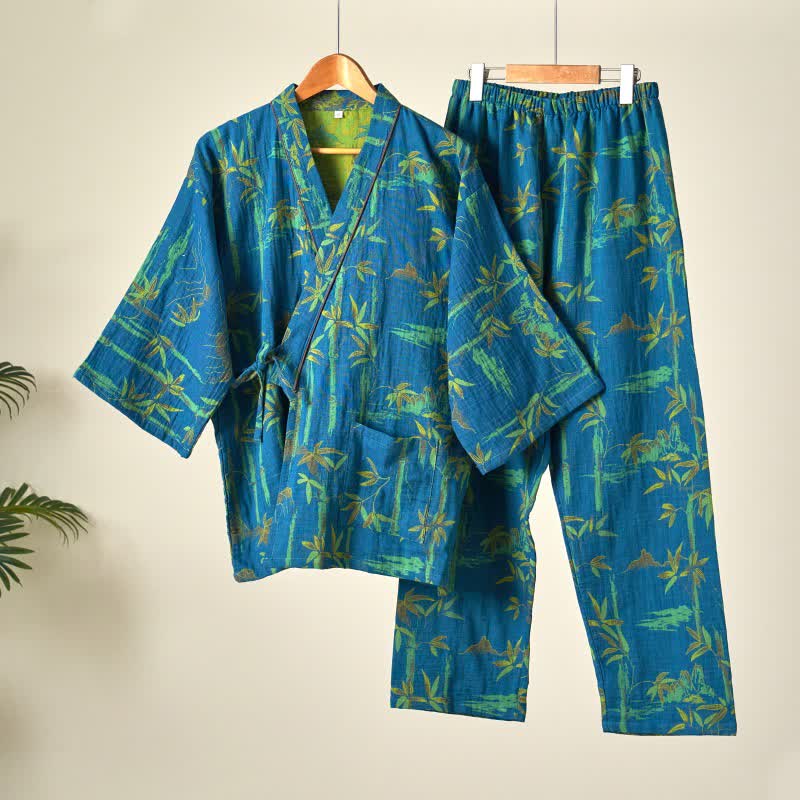 Ensemble de vêtements d'intérieur kimono en gaze de coton et bambou - Bleu - XL - image 12