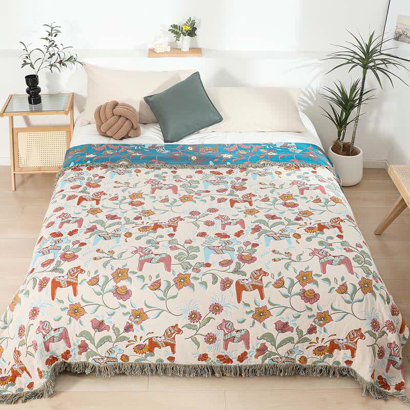 Couette en gaze de coton naturel avec motif cheval et motif floral - 200cm x 230cm - image 0