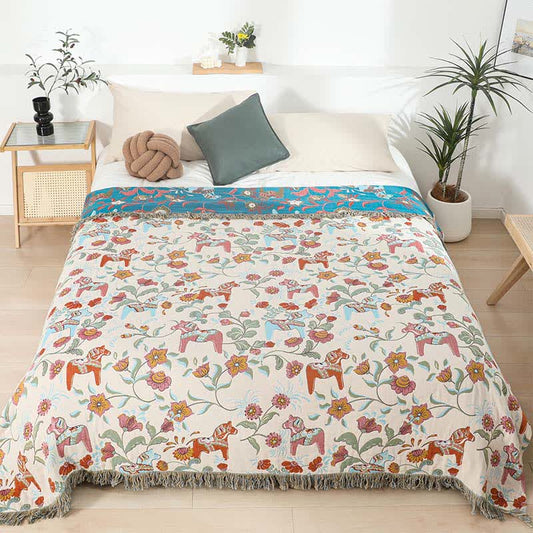 Couette en gaze de coton naturel avec motif cheval et motif floral - 200cm x 230cm - image 0