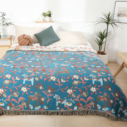 Couette en gaze de coton naturel avec motif cheval et motif floral - image 1