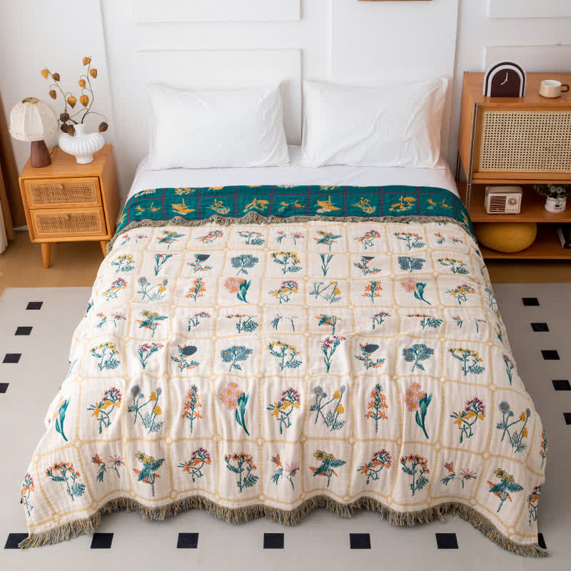 Couette en gaze de coton naturel à motif floral et à carreaux - 200cm x 230cm - image 0