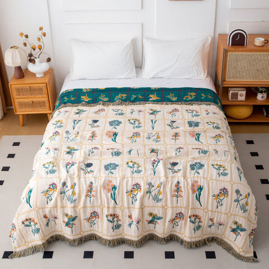 Couette en gaze de coton naturel à motif floral et à carreaux - 200cm x 230cm - image 0
