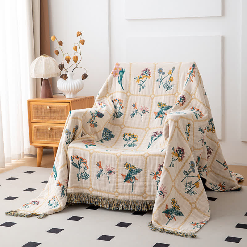 Couette en gaze de coton naturel à motif floral et à carreaux - image 1