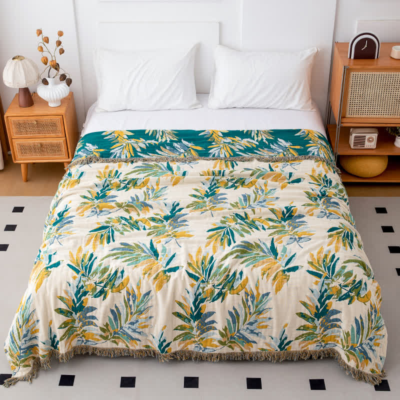 Couette en gaze de coton naturel avec dégradé et feuilles - 200cm x 230cm - image 0