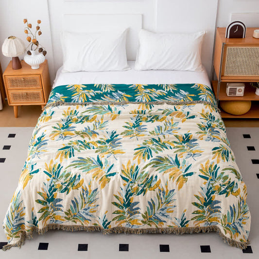 Couette en gaze de coton naturel avec dégradé et feuilles - 200cm x 230cm - image 0