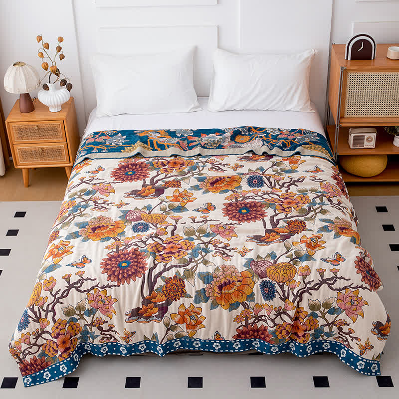 Couette luxueuse en coton naturel avec imprimé floral et papillon - 200cm x 230cm - image 0
