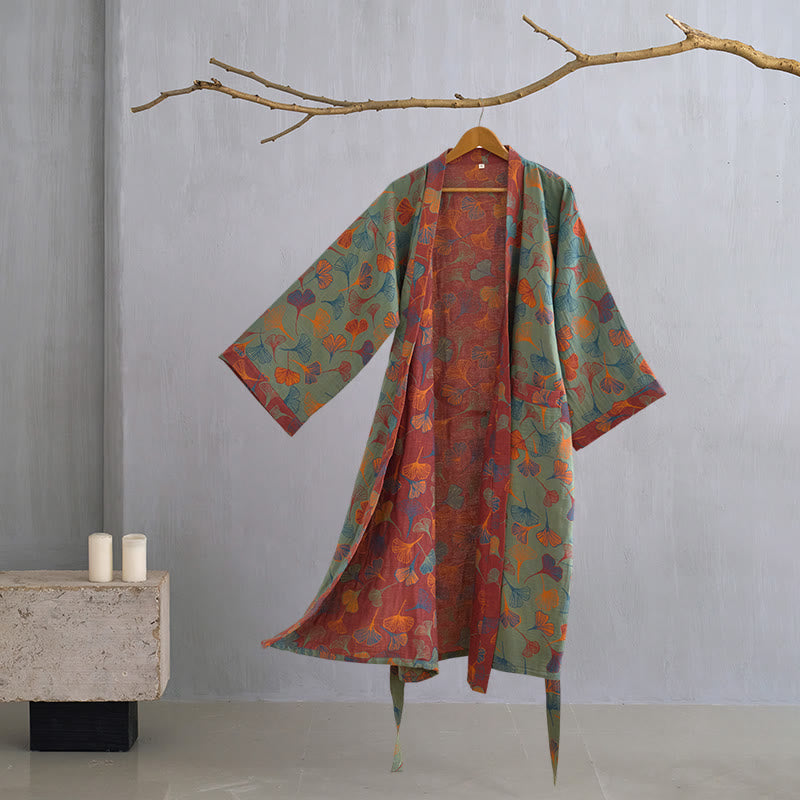 Peignoir kimono en gaze de coton « Ginkgo Biloba » - vert foncé - XL - image 35