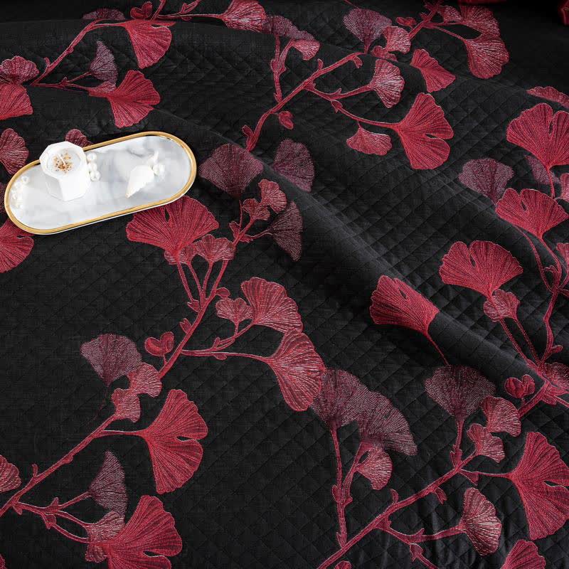 Couverture réversible en coton naturel avec feuilles de ginkgo - image 14
