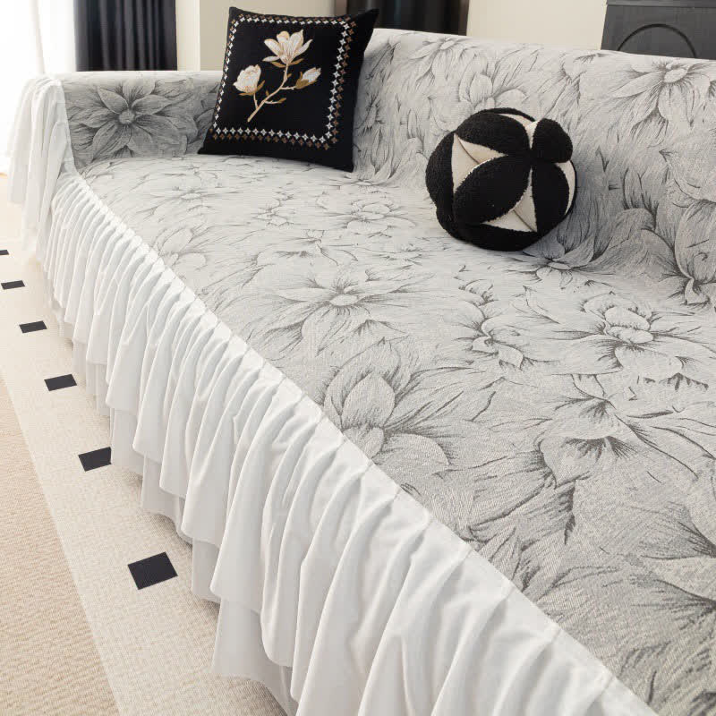Housse de canapé en chenille « Lily » à volants - Gris clair - 180cm x 340cm - image 0