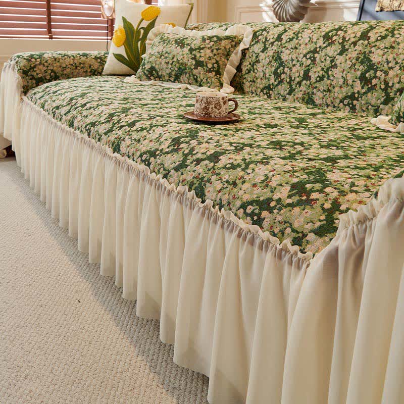 Housse de canapé verte à motif floral et volants - 180cm x 340cm - image 0