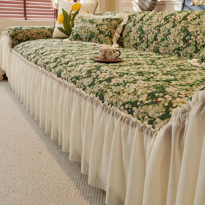 Housse de canapé verte à motif floral et volants - 180cm x 340cm - image 0