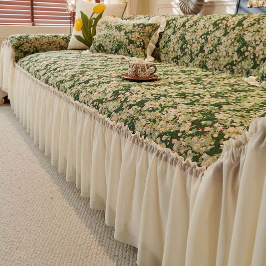 Housse de canapé verte à motif floral et volants - 180cm x 340cm - image 0