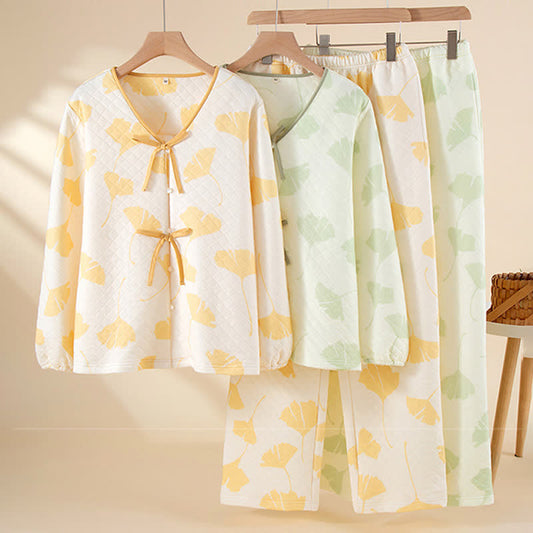Ensemble de vêtements d'intérieur en coton chaud avec feuilles de ginkgo - image 0