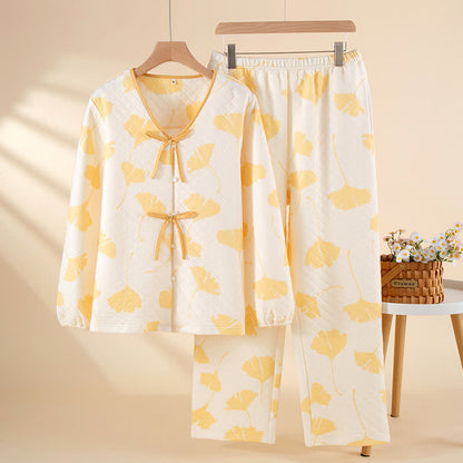 Ensemble de vêtements d'intérieur en coton chaud avec feuilles de ginkgo - Jaune - XL - image 1