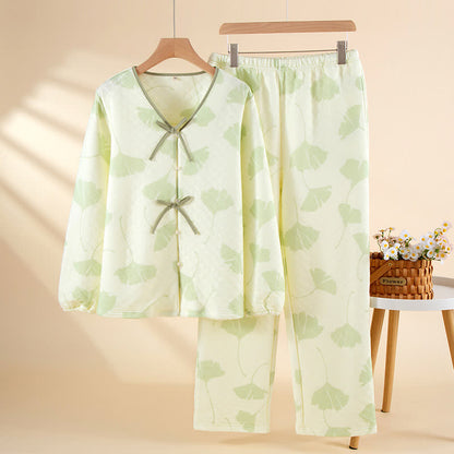 Ensemble de vêtements d'intérieur en coton chaud avec feuilles de ginkgo - Vert - XL - image 2