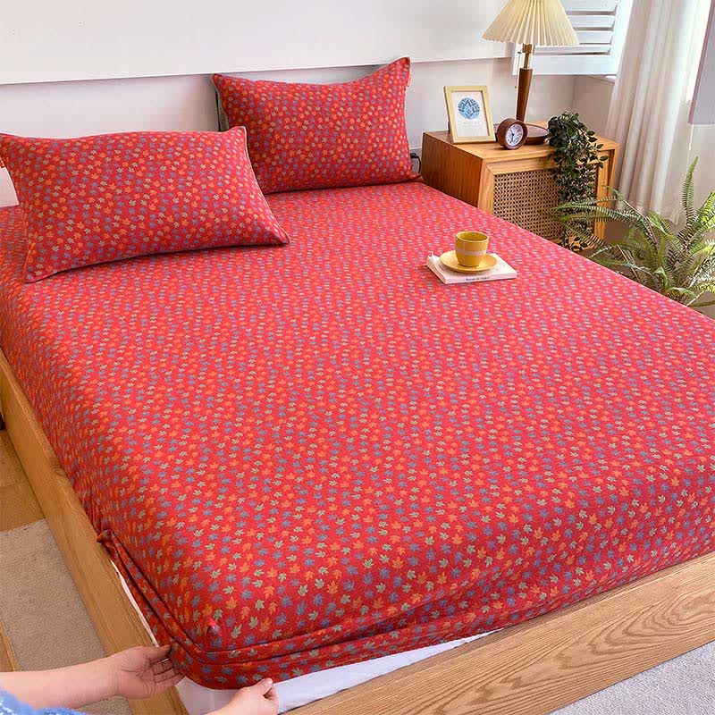 Drap-housse en gaze de coton avec motif feuille d'érable - Drap avec 2 taies d'oreiller - 180cm x 200cm - image 0