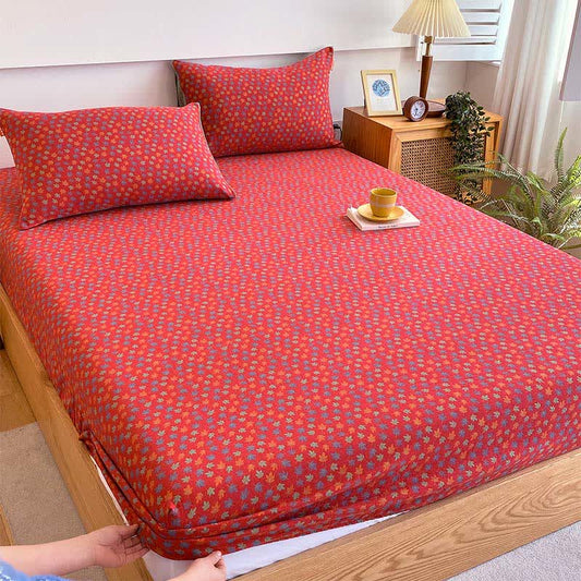 Drap-housse en gaze de coton avec motif feuille d'érable - Drap avec 2 taies d'oreiller - 180cm x 200cm - image 0