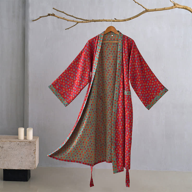 Peignoir kimono en coton bio imprimé feuille d'érable - Rouge - 2XL - image 0