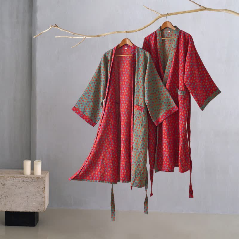 Peignoir kimono en coton bio imprimé feuille d'érable - image 1