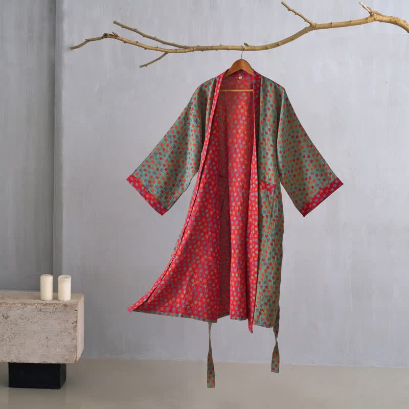Peignoir kimono en coton bio imprimé feuille d'érable - Vert - 2XL - image 14