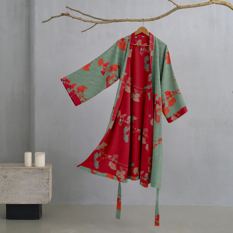 Peignoir kimono en coton bio avec feuille de ginkgo - Vert et rouge - 2XL - image 16