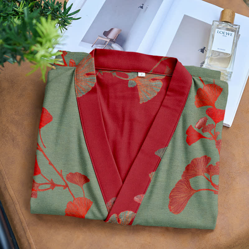 Peignoir kimono en coton bio avec feuille de ginkgo - image 17