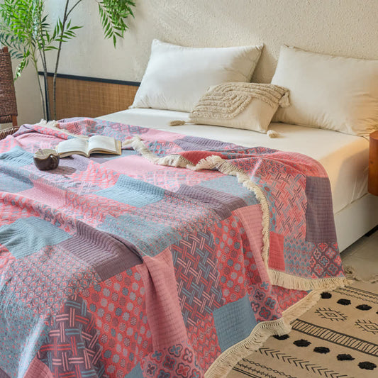 Couette patchwork vintage en coton et lin jacquard - 230 cm x 240 cm - image 0