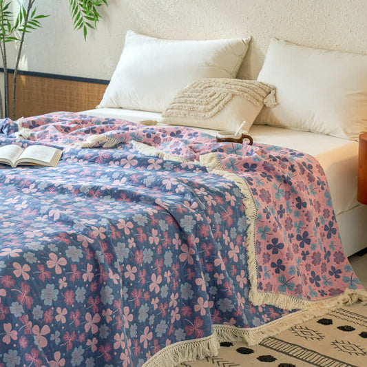 Couette réversible en coton lin et jacquard à motif trèfle - 230 cm x 240 cm - image 0