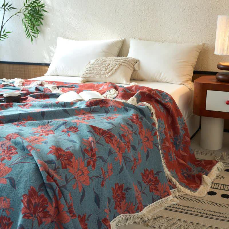 Couette orange en coton lin et jacquard à motif floral - 230 cm x 240 cm - image 0