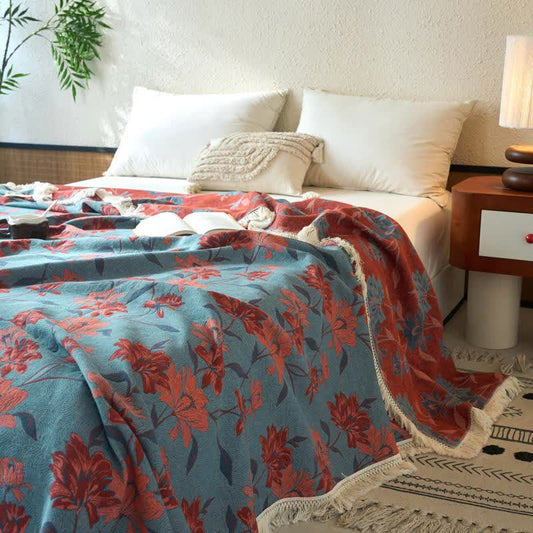 Couette orange en coton lin et jacquard à motif floral - 230 cm x 240 cm - image 0