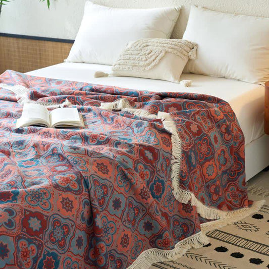 Couette jacquard vintage en coton et lin avec pompons - 230 cm x 240 cm - image 0