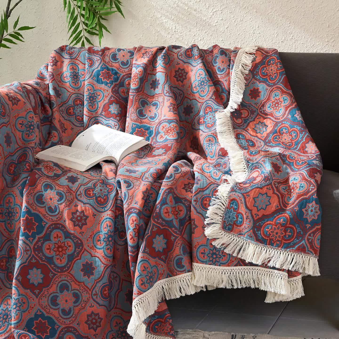 Couette jacquard vintage en coton et lin avec pompons - image 1