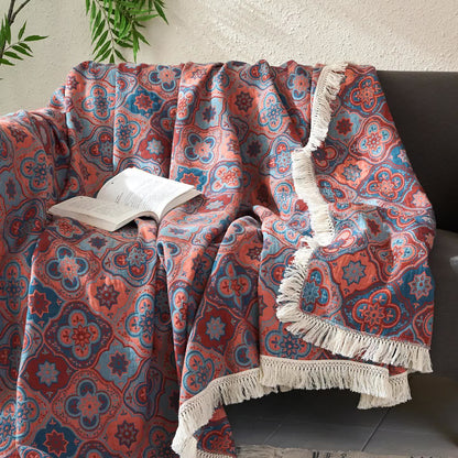 Couette jacquard vintage en coton et lin avec pompons - image 1