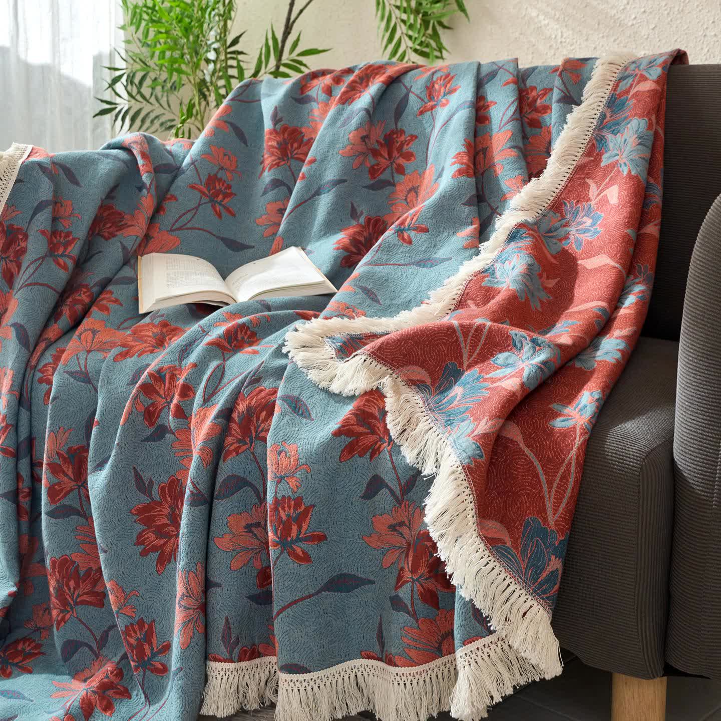 Couette orange en coton lin et jacquard à motif floral - image 1