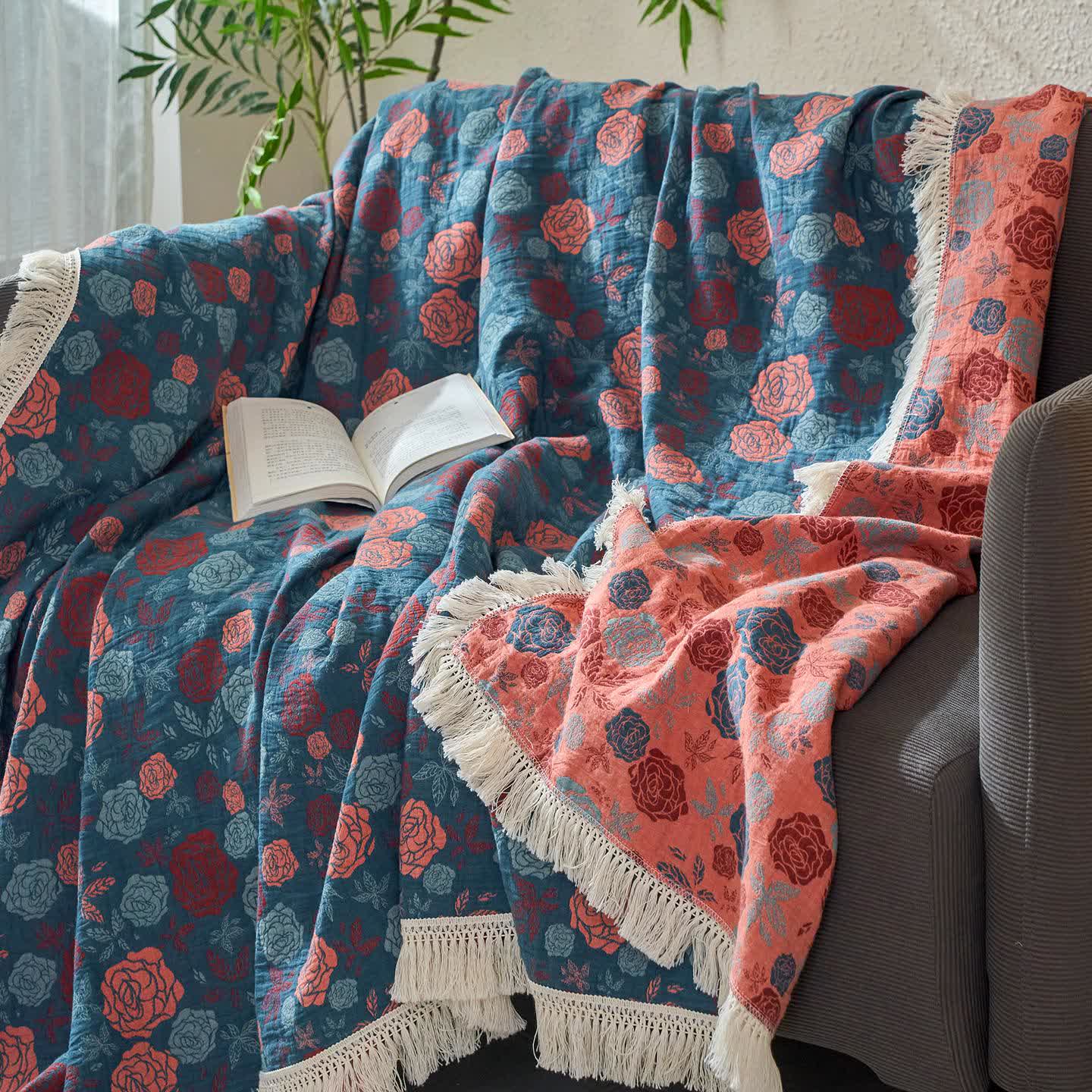 Couette réversible en coton lin et jacquard aspect rose - image 2