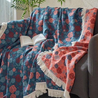 Couette réversible en coton lin et jacquard aspect rose - image 2