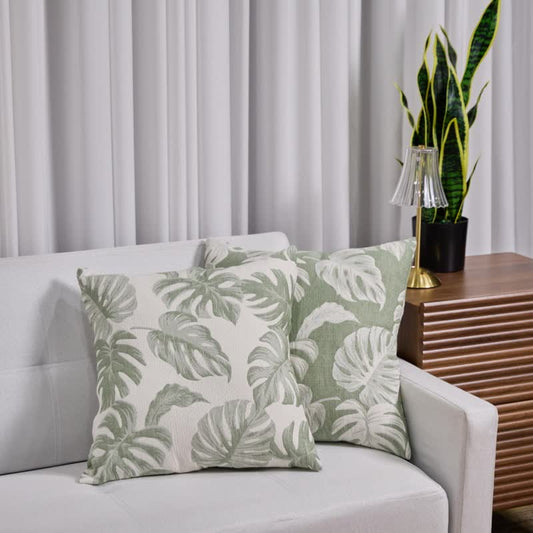 Taies d'oreiller carrées en gaze de coton jacquard à motif monstera (2 pièces) - 1x vert clair + 1x vert foncé - 45cm x 45cm - image 0