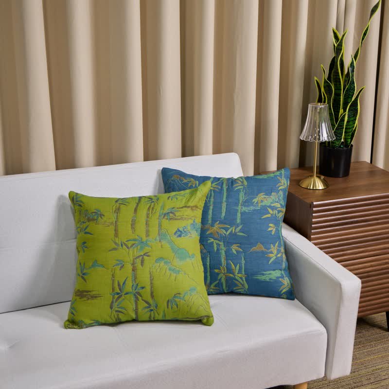Taies d'oreiller carrées en gaze de coton bambou jacquard (2 pièces) - 1x Bleu + 1x Vert - 45cm x 45cm - image 1