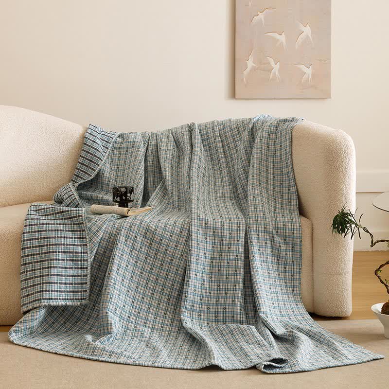 Couette à trois couches en mousseline de coton à motif à carreaux - Bleu - 2 taies d'oreiller - 52 cm x 80 cm - image 10