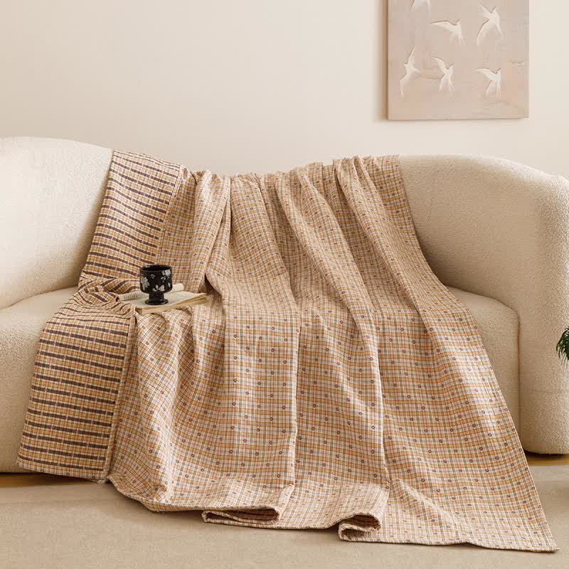 Couette à trois couches en mousseline de coton à motif à carreaux - Jaune - 2 taies d'oreiller - 52 cm x 80 cm - image 8