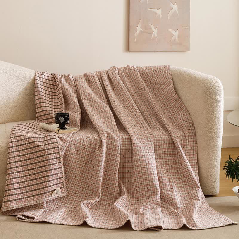 Couette à trois couches en mousseline de coton à motif à carreaux - Rose - 2 taies d'oreiller - 52 cm x 80 cm - image 0
