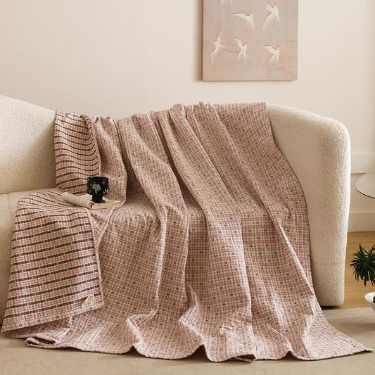 Couette à trois couches en mousseline de coton à motif à carreaux - Rose - 2 taies d'oreiller - 52 cm x 80 cm - image 0