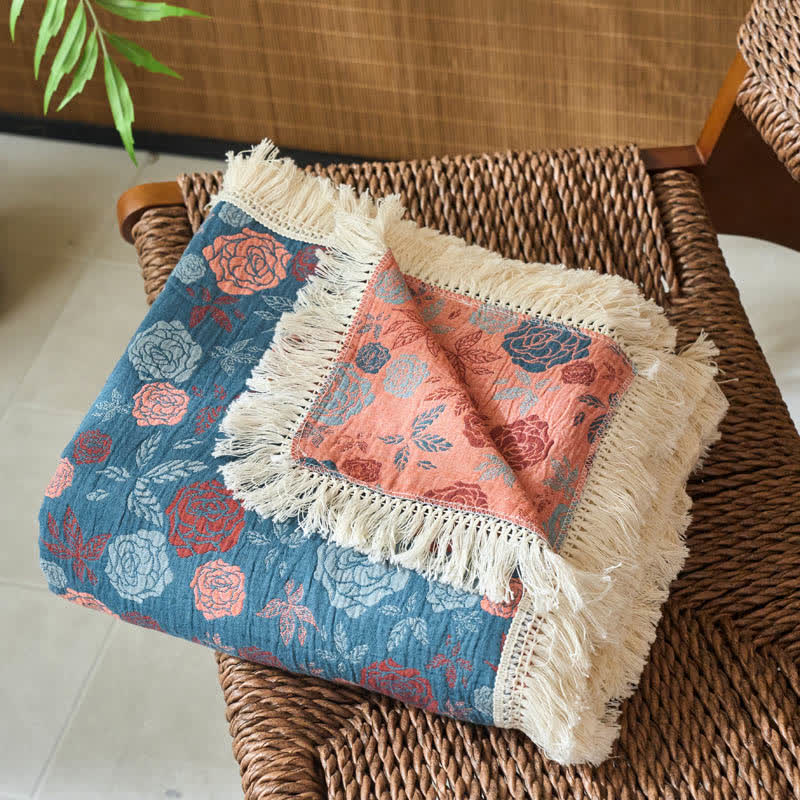 Couette réversible en coton lin et jacquard aspect rose - image 3