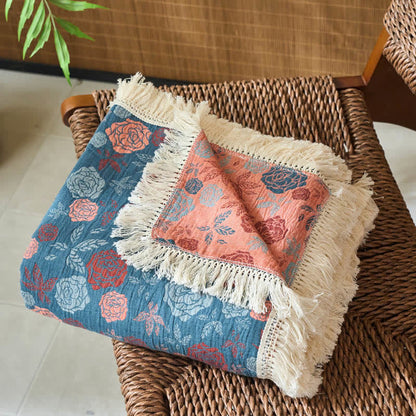 Couette réversible en coton lin et jacquard aspect rose - image 3