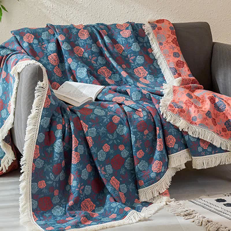 Couette réversible en coton lin et jacquard aspect rose - image 1