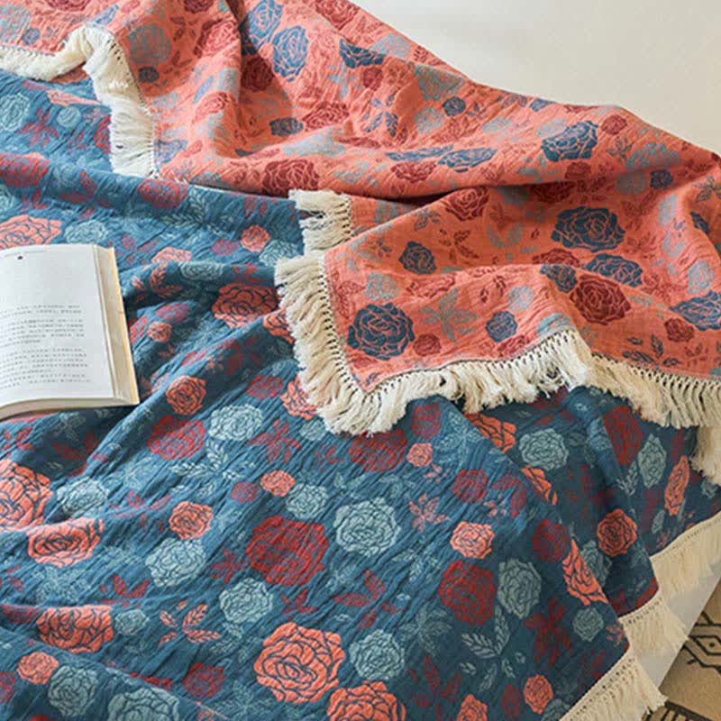 Couette réversible en coton lin et jacquard aspect rose - image 4